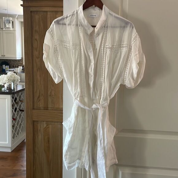 Frame button up short sleeve white with crochet belted dress medium - Picture 6 of 16